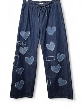 Upcycled Vanilla Star Dark Wash Denim Wide-Leg Pants with Heart Patches